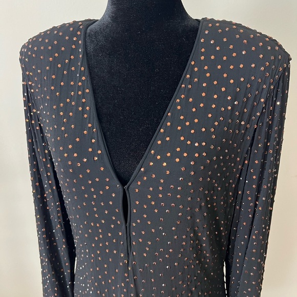 Saks Fifth Avenue Black Rhinestone Polka Dot Deep V-Neck Long Sleeve Dress - Picture 2 of 8